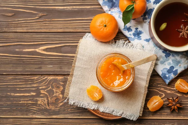 Jar Tasty Tangerine Jam Cup Tea Wooden Table — Stock Photo, Image