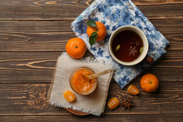 Jar Tasty Tangerine Jam Cup Tea Wooden Table — Stock Photo, Image