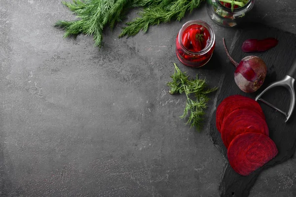 Cut Fermented Beetroot Grey Table — Stock Photo, Image