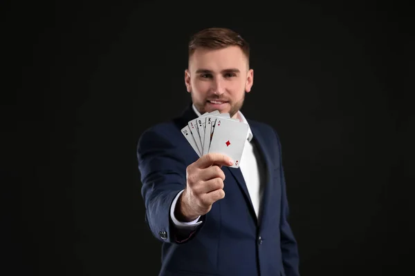 Handsome Man Cards Dark Background — Stock Photo, Image