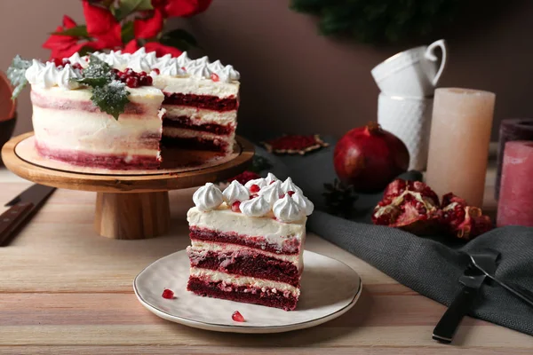 Piece Tasty Christmas Cake Wooden Table — Stock Photo, Image