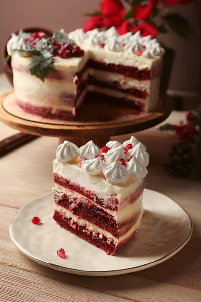 Piece Tasty Christmas Cake Wooden Table — Stock Photo, Image