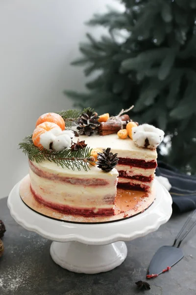 Stand Tasty Christmas Cake Grey Table — Stock Photo, Image