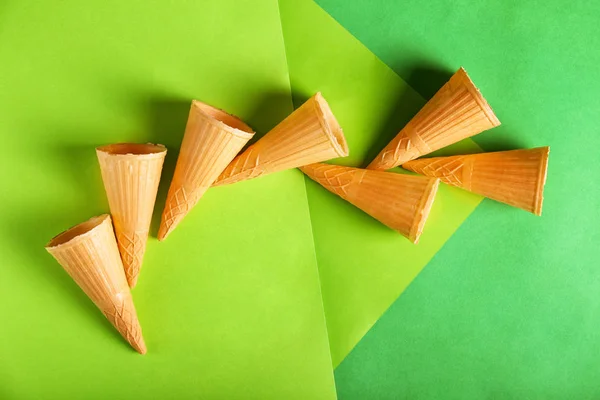 Delicious Waffle Cones Color Background — Stock Photo, Image