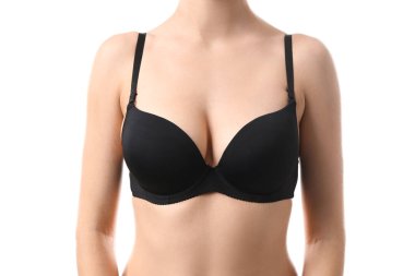 Beyaz arka plan üzerinde güzel meme ile genç kadın