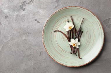 Aromatik vanilya plakalı gri arka plan üzerinde sopa