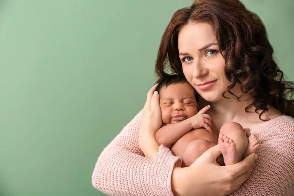 Portrait Happy Mother Little Baby Color Background — Stock Photo, Image