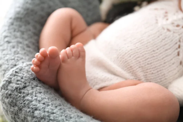 Tiny Sleeping Little Baby Lying Plaid — Stock Photo, Image