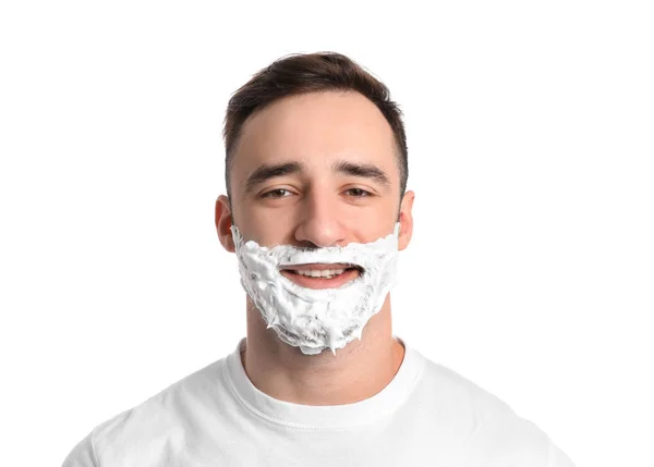 Bell Uomo Con Schiuma Barba Sul Viso Sullo Sfondo Bianco — Foto Stock