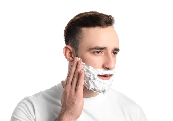 Bonito Homem Com Espuma Barbear Seu Rosto Contra Fundo Branco — Fotografia de Stock
