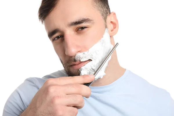 Schöner Mann Rasiert Sich Vor Weißem Hintergrund — Stockfoto