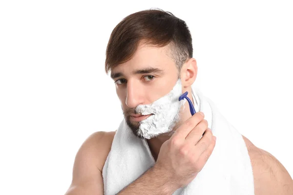 Handsome Man Shaving White Background — Stock Photo, Image