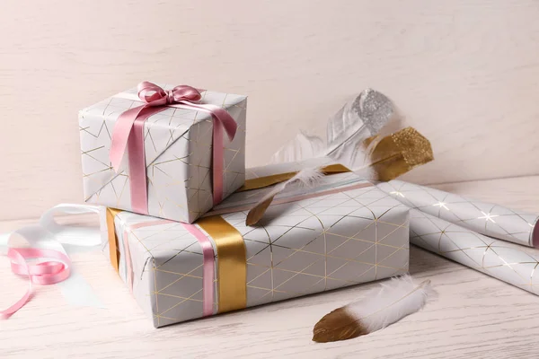 Festive Gift Boxes Table — Stock Photo, Image
