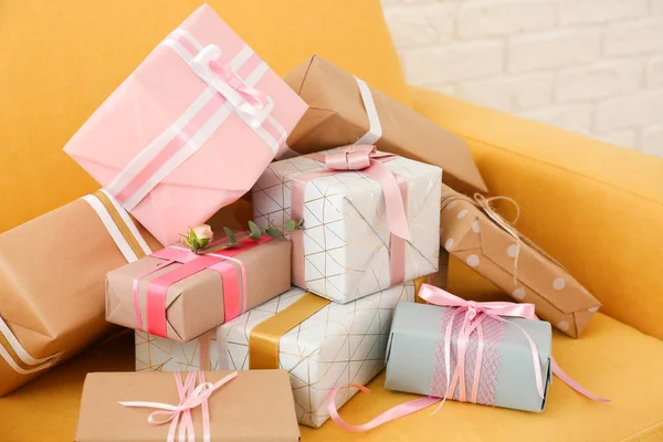 Festive Gift Boxes Armchair — Stock Photo, Image