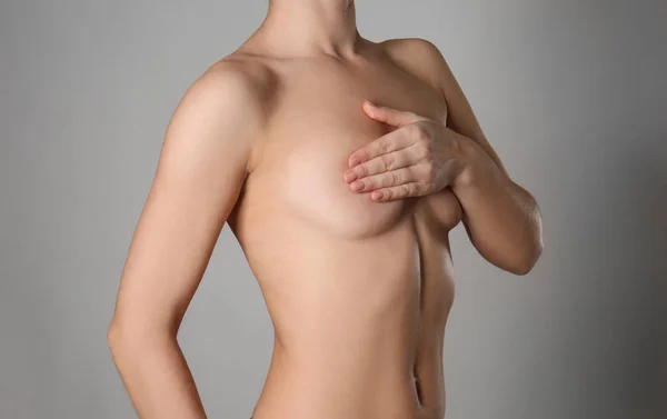 Naked Woman Grey Background Concept Breast Augmentation — Φωτογραφία Αρχείου