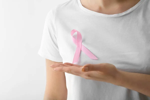 Woman Pink Ribbon Light Background Breast Cancer Awareness Concept — Stock Photo, Image