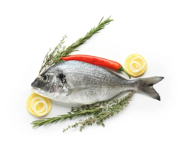 Fresh Dorado Fish Spices Herbs White Background — Stock Photo, Image