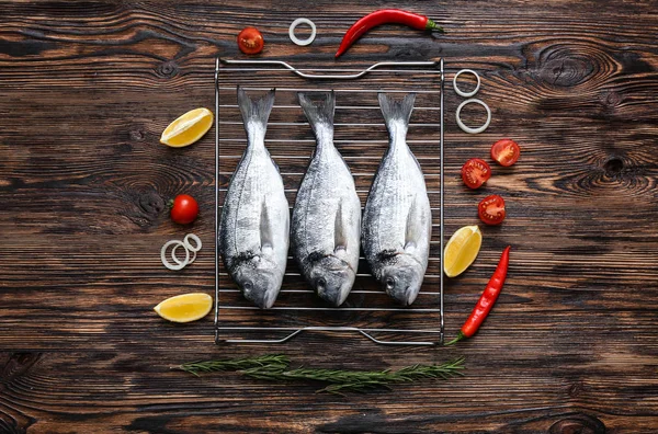 Grill Fresh Dorado Fish Ingredients Wooden Background — Stock Photo, Image