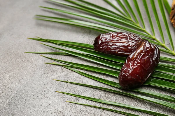 Sweet Dried Dates Palm Leaf Grey Background — Stock Photo, Image