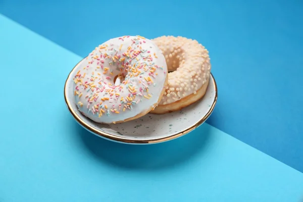 Plate Sweet Tasty Donuts Color Background — Stock Photo, Image