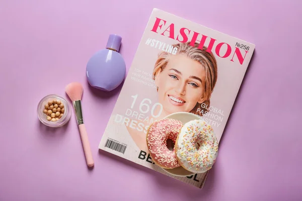 Sweet Tasty Donuts Fashionable Magazine Cosmetics Color Background — Stock Photo, Image