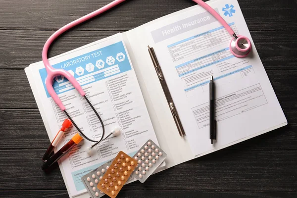 Medical Documents Stethoscope Pills Test Tubes Blood Wooden Table — Stock Photo, Image