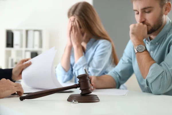 Unhappy Young Couple Visiting Divorce Lawyer Office — Stock Photo, Image
