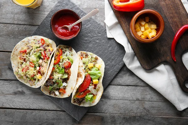 Tasty Tacos Sauce Wooden Table — Stock Photo, Image