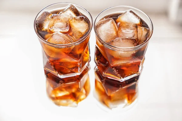 Glasses Tasty Cold Cola Drink Light Table — Stock Photo, Image