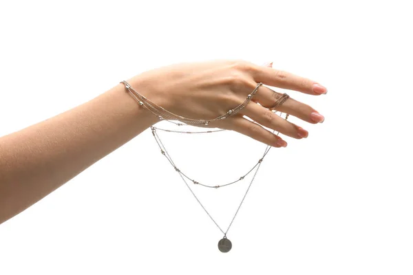 Mano Femminile Con Elegante Collana Sfondo Bianco — Foto Stock