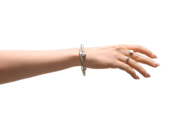 Female Hand Stylish Jewelry White Background — Stock Photo, Image