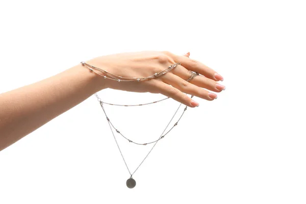 Mano Femminile Con Elegante Collana Sfondo Bianco — Foto Stock