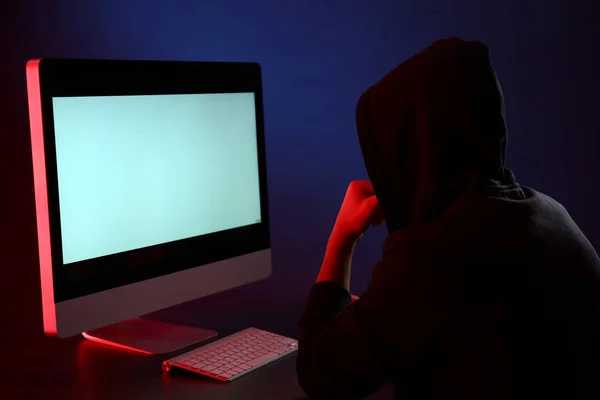 Professional Hacker Using Computer Dark Background — Stock Photo, Image