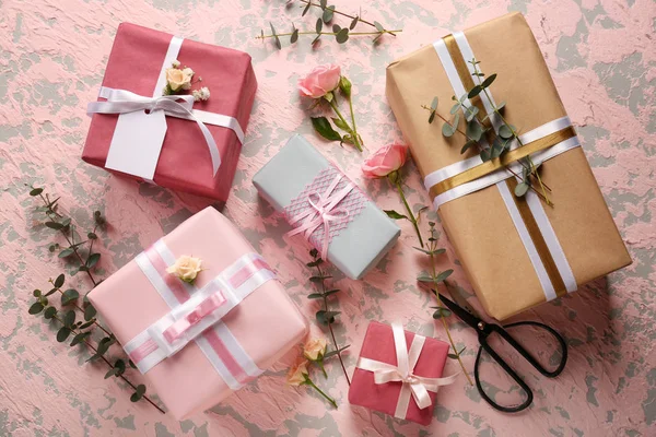 Festive Gift Boxes Color Background — Stock Photo, Image