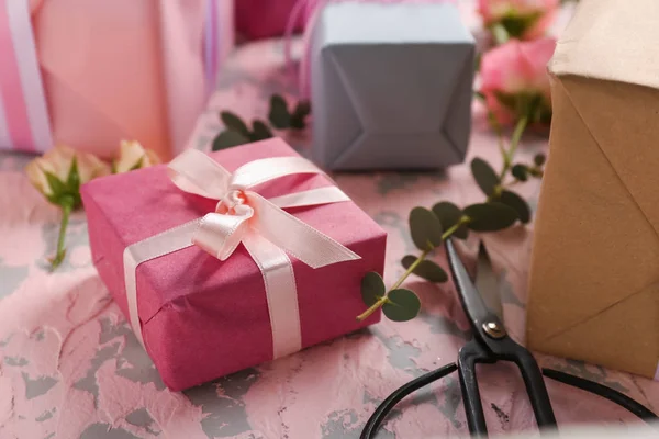 Festive Gift Boxes Color Background — Stock Photo, Image