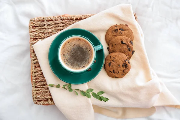 Tray Cup Coffee Tasty Cookies Bed — Stock Photo, Image