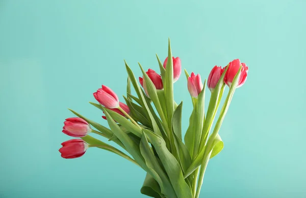 Kytice Krásných Tulipánů Barevném Pozadí — Stock fotografie