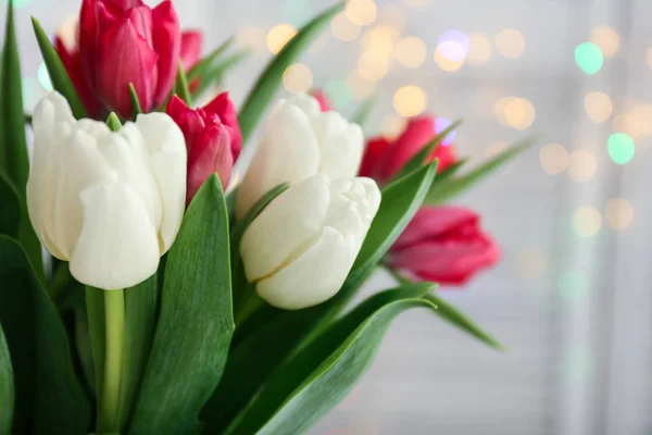 Bouquet Beautiful Tulips Defocused Lights — Stock Photo, Image
