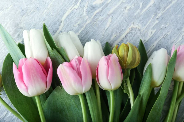 Bouquet Beautiful Tulips Wooden Background — Stock Photo, Image