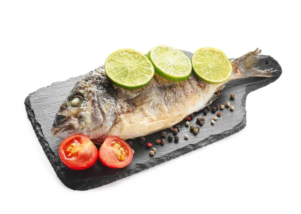 Slate Board Grilled Dorado Fish Lime Tomato Spices White Background — Stock Photo, Image