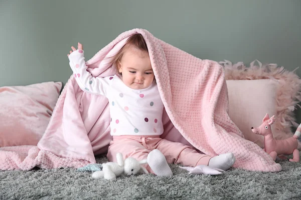 Cute Baby Girl Plaid Sitting Carpet Color Wall — Stock Photo, Image