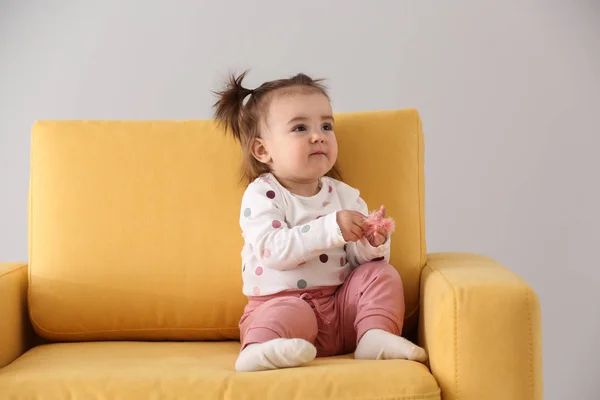 Cute Baby Girl Sitting Armchair Light Background — Stock Photo, Image