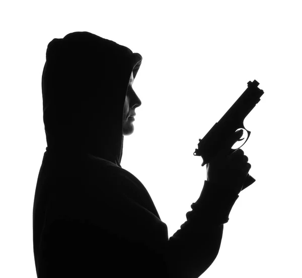 白い背景の上の銃を持つ女性のシルエット — ストック写真
