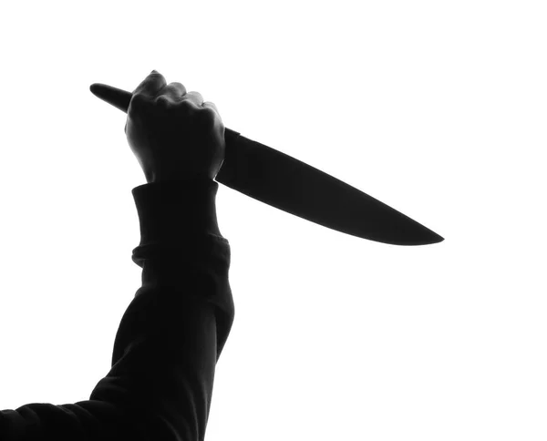 Silhouette Der Menschlichen Hand Mit Messer Auf Weißem Hintergrund — Stockfoto