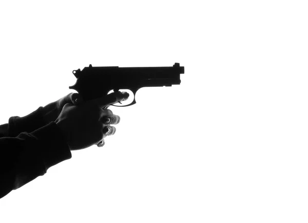 Silhuetten Mänsklig Hand Med Pistol Vit Bakgrund — Stockfoto