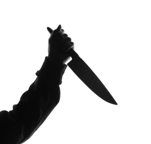 Silhouette Der Menschlichen Hand Mit Messer Auf Weißem Hintergrund — Stockfoto