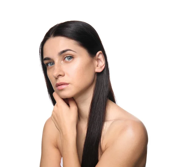Porträtt Vacker Ung Kvinna Med Naturlig Makeup Vit Bakgrund — Stockfoto