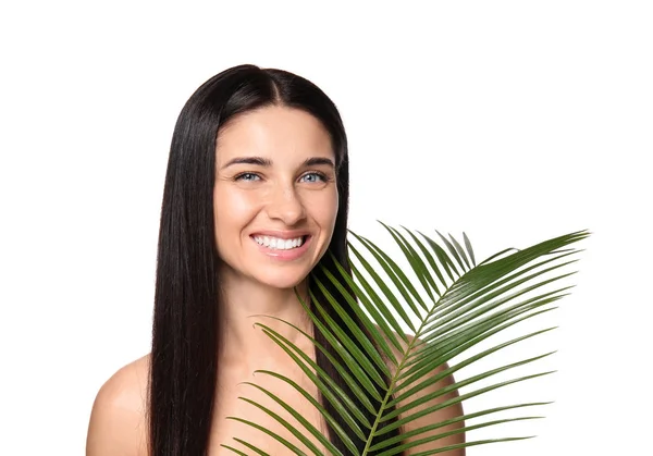 Portrait Beautiful Young Woman Natural Makeup Tropical Leaf White Background — Stock Photo, Image