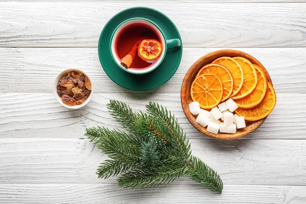 Christmas Composition Tasty Mulled Wine White Wooden Background — Stock Photo, Image