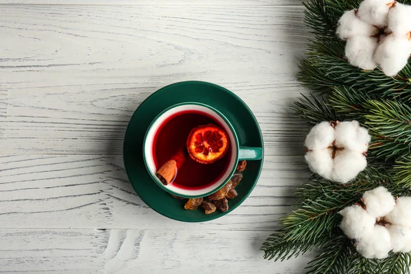 Cup Tasty Mulled Wine White Wooden Background — Stock Photo, Image